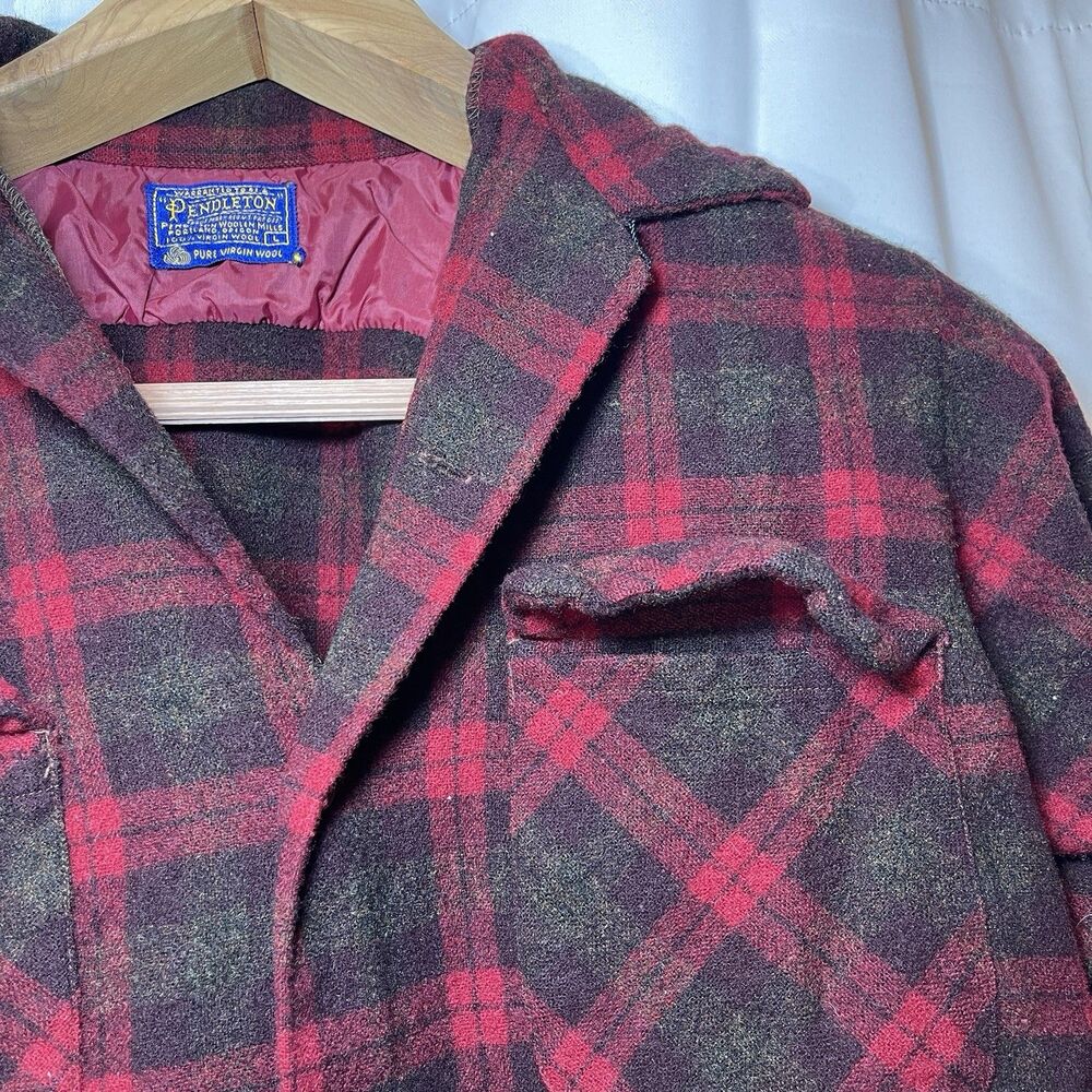 VTG Pendleton Shirt Red Plaid‎ Wool Flannel Men's L USA Loop Collar